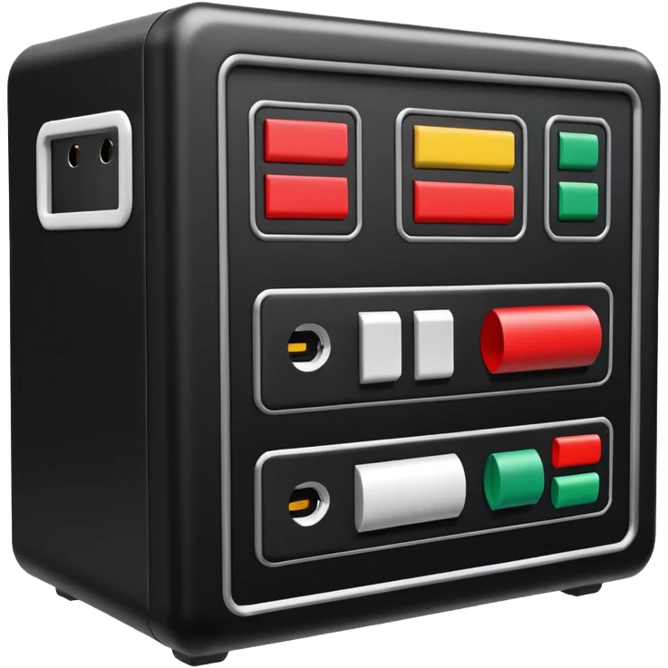 An open black hard-shell test case, inside: technical control panel, a power outlet, USB port, and colored test sockets. A large roll of white test labels lies next to the equipment, along with one red test probe. emoji