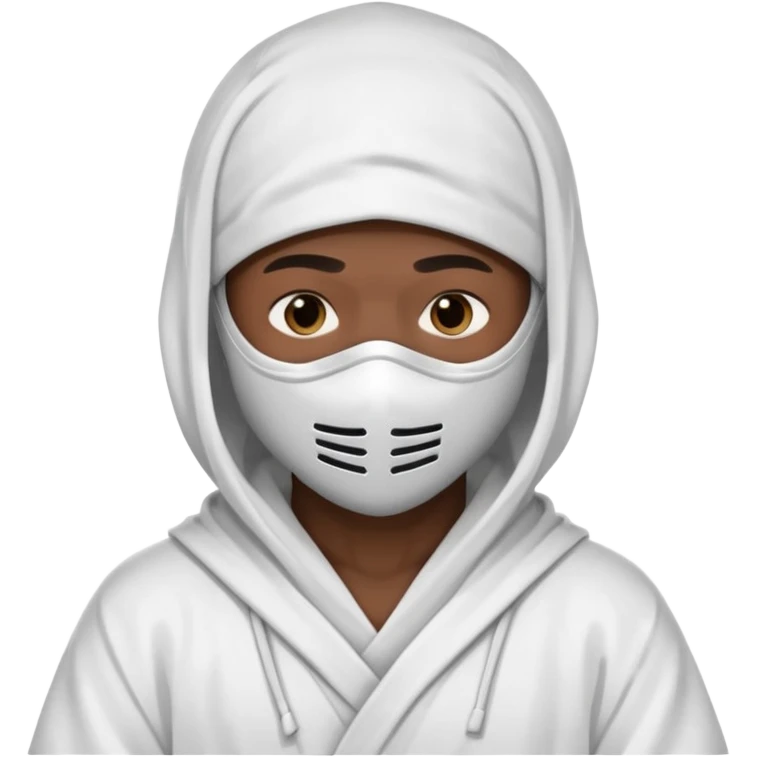 All white ninja robe with white mask to cover face and neck with a hoodie on and dark brown skin color emoji
