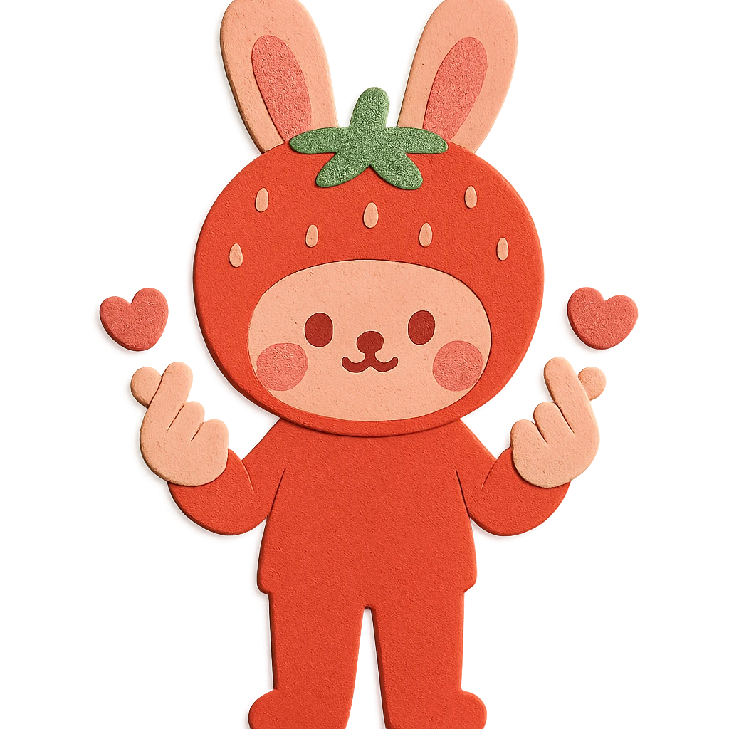 Make this a full-body bunny in the same paper-craft style, wearing a strawberry hat and making finger hearts. Keep the same cute expression and color palette. emoji