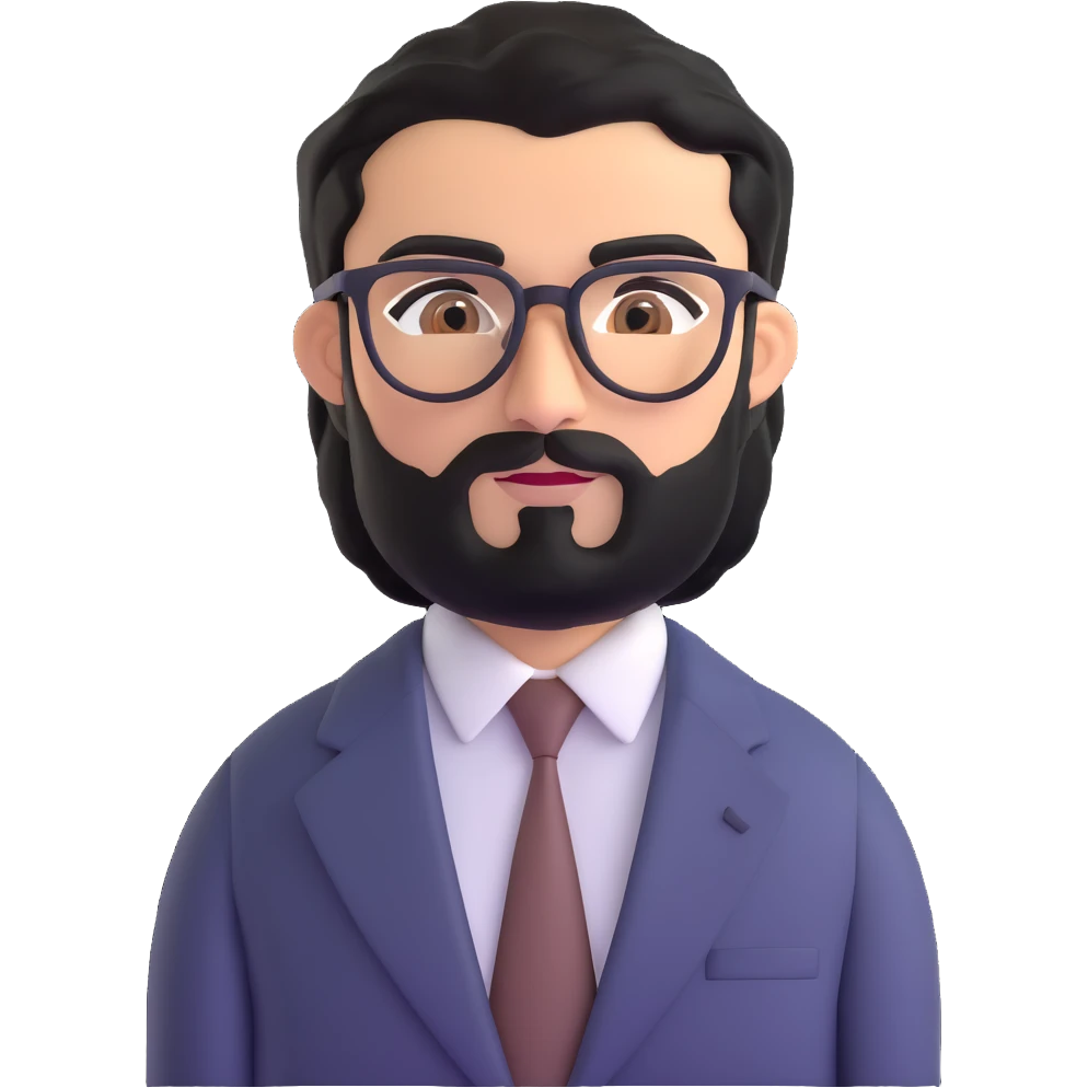 professional middle eastern businessman with medium length black beard, black hair, thick unibrow, tan skin, brown eyes, glasses, wearing a formal suit and tie emoji
