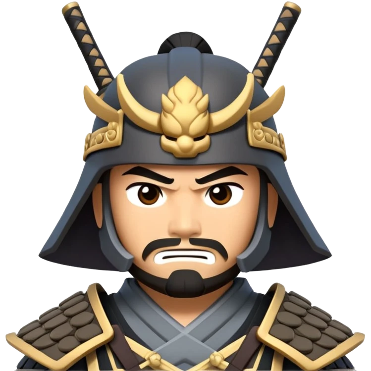 clash-of-clans-aesthetic_-cinematic-fearsome-and-majestic-samurai-bust-portrait-emoji, rendered in a flat, vector-style with minimal shading and bold, simplified shapes typical of emoji art, depicting a battle-hardened samurai with steely eyes and traditional black Japanese armor. The samurai is riding a noble grey warhorse adorned with an intricately designed saddle and fluttering banners, against a backdrop of cherry blossoms and a rising sun. emoji