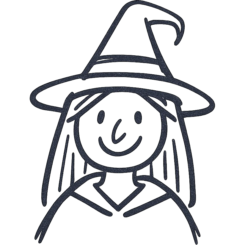 witch icon, hand drawn style, sketchy black lines, whimsical and playful emoji