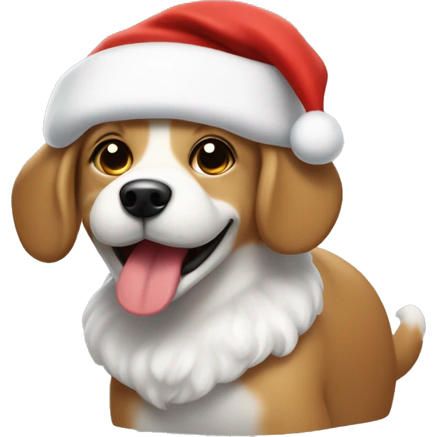 Small happy Tan dog with a white chest and nose strip, floppy ears, wearing a Santa hat emoji