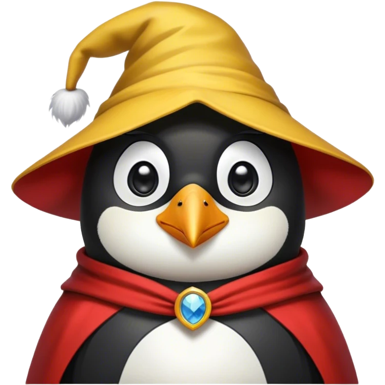 Wizard penguin with a yellow hat and a cape emoji