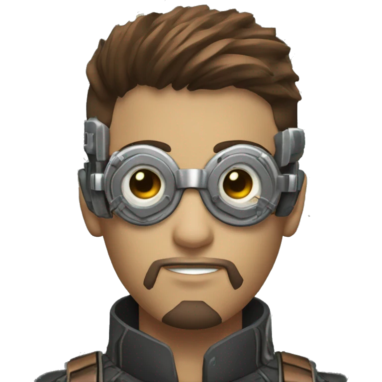 male cyborg head with brown short hair, brown beard, silver steampunk goggles and circuits emoji