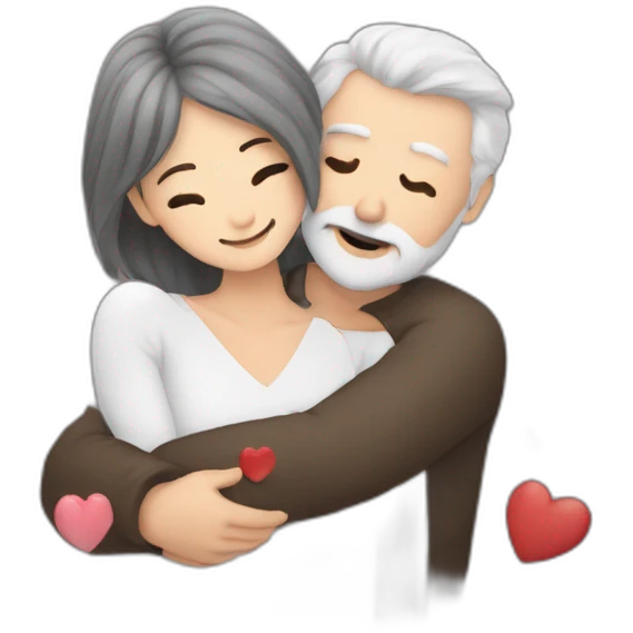 Man with gray hair and white beard hugs woman with dark brown hair with floating hearts emoji