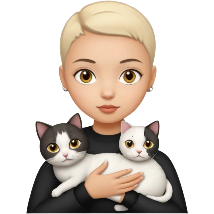HAZEL EYES , BLACK BUZZ CUT LIGHT SKIN ROUND FACE GIRL hold cat white  emoji