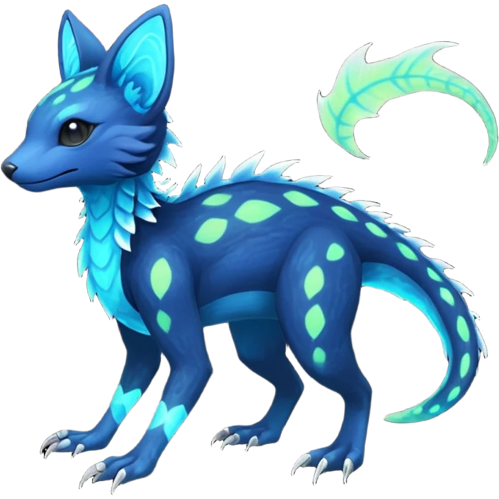 Rare realistic dark-neon glowing bioluminescent edgy badass epic pretty beautiful handsome gorgeous aesthetic colorful vibrant Vernid-Trico-species-Fakemon-creature by LiLaiRa, 4 legs, 1 tail, random markings, (full body) emoji