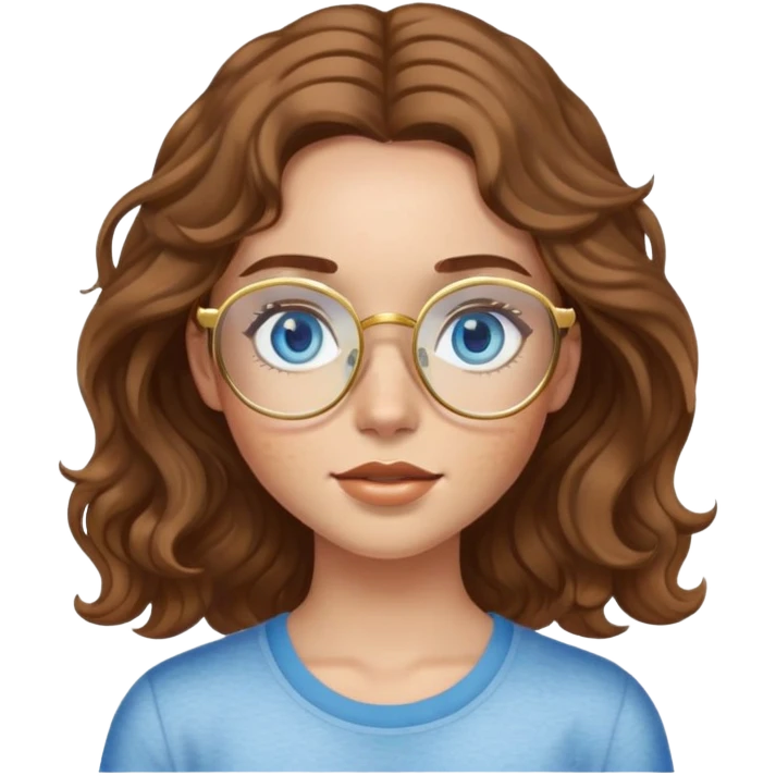 Girl with light skin, wavy brown hair, blue eyes, freckles, and gold glasses emoji