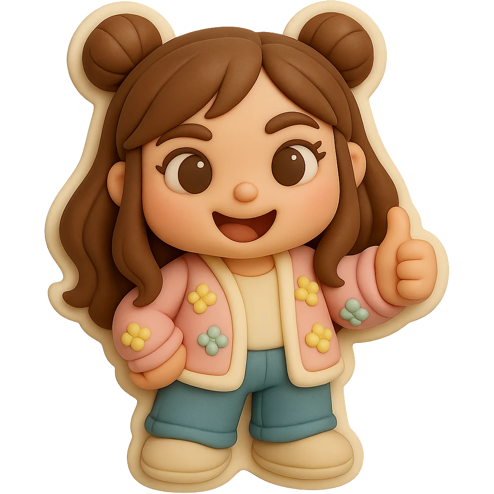 3D chibi fondant cake art style, high-quality rendering with smooth shadows and soft gradients. Girl based on reference image with preserved facial features and eye shape, long brown hair in two space buns, brown eyes, jeans, pastel floral cardigan, shoes, thick white outline like a sticker, transparent background. Thumbs up, happy expression. Ensure the face, hairstyle, eye shape, and shoes match the reference exactly. emoji