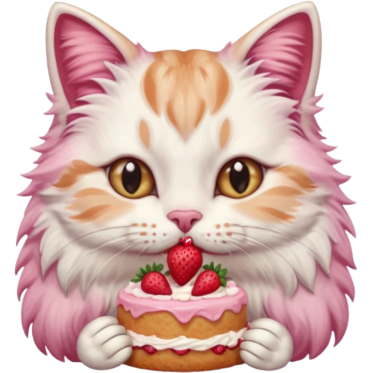 Close-up portrait of a fluffy cat eating a strawberry cake, pink cream on its nose and whiskers, detailed fur texture, soft natural light, shallow depth of field, high resolution, cute and candid moment
, emoji