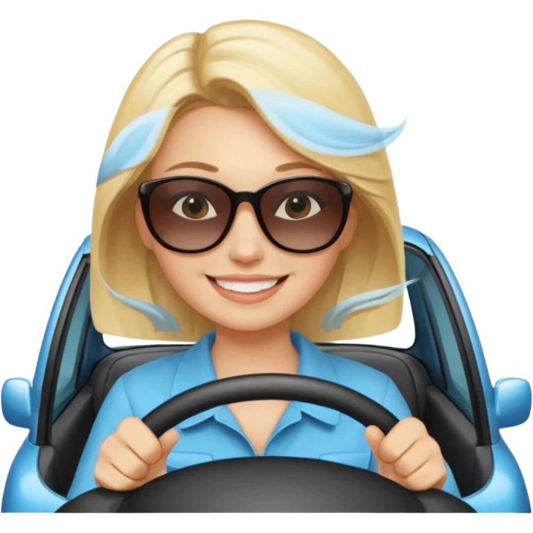 blonde woman driving car. Happy face confidence emoji