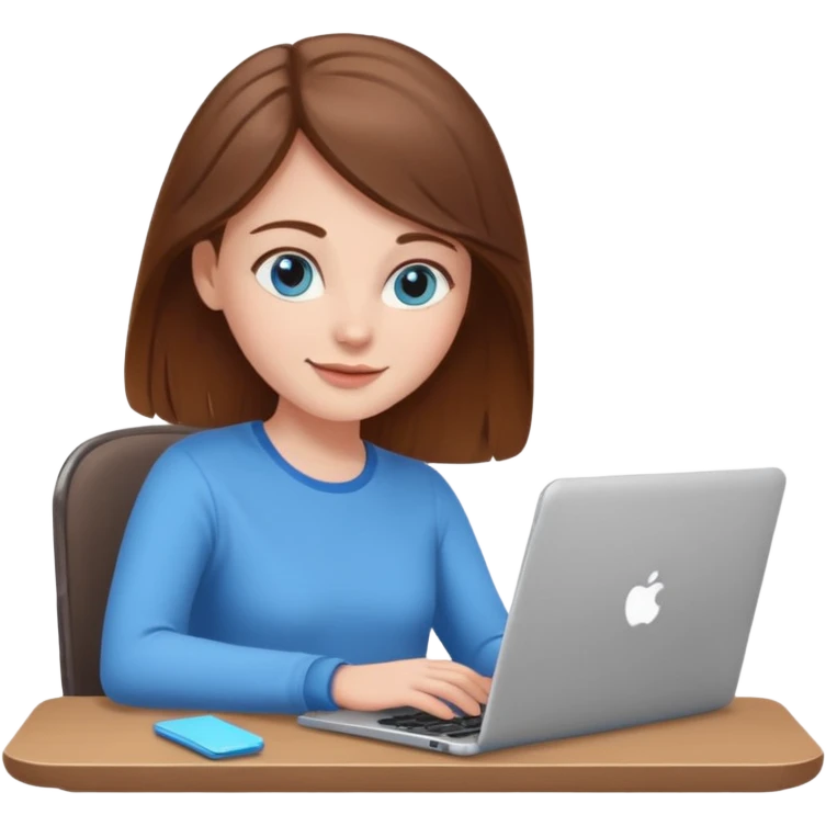 white girl, brown hair, blue eyes, typing on a laptop, relaxed and happy emoji
