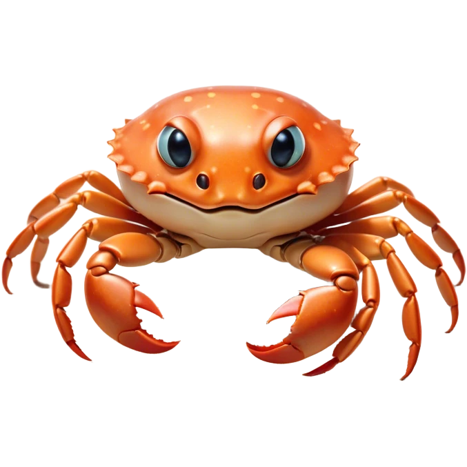 Cinematic Cute Baby Crab Portrait Emoji, Head tilted playfully and inquisitively, featuring an adorably small form with a delicately patterned carapace, round, sparkling eyes, and tiny, endearing pincers, Simplified yet irresistibly adorable features, highly detailed, glowing with a warm, friendly coastal glow, high shine, affectionate and lively, stylized with a touch of seaside whimsy, soft glowing outline, capturing the essence of a mischievous yet loving baby crab that seems as if it could pinch its way out of the screen into your arms! emoji