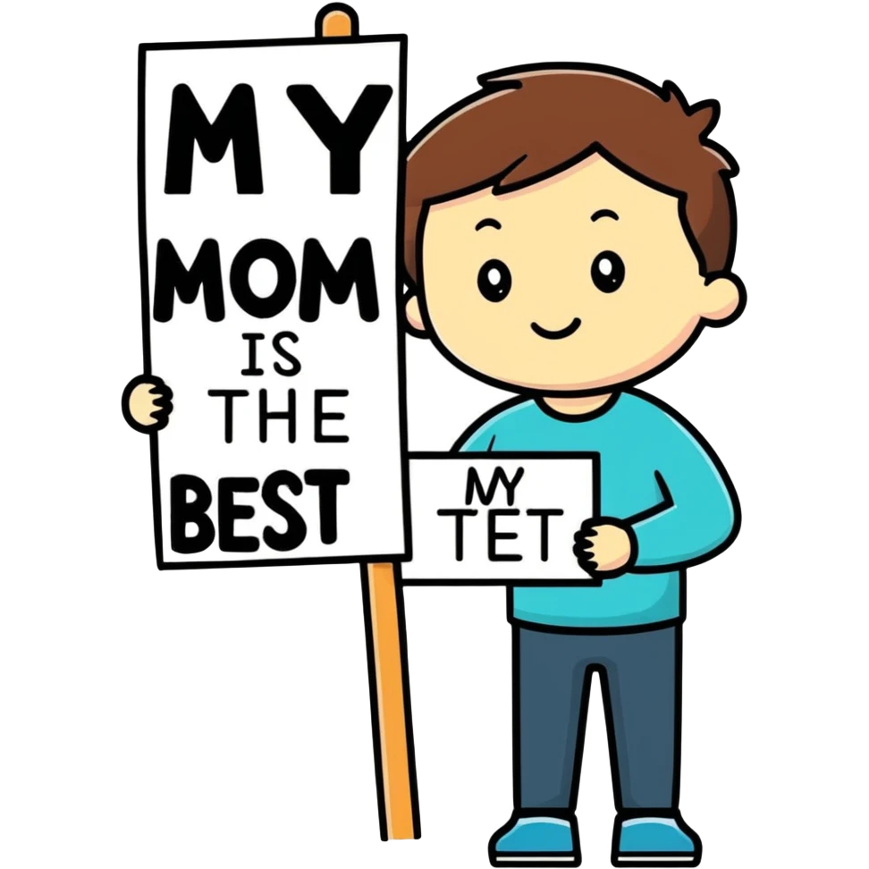 Boy with sign that says “My Mom is the Best” emoji