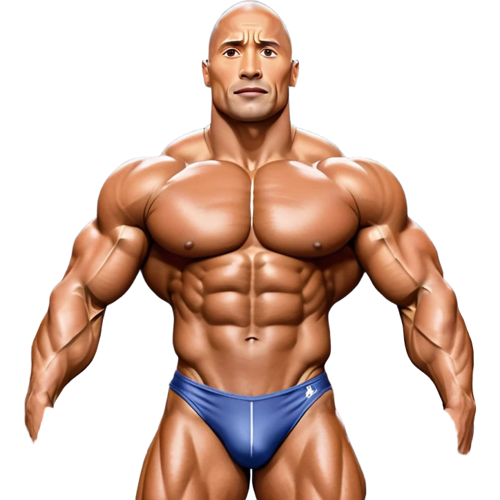 Dwayne Johnson, oiled and posing at the Mr. Universe bodybuilding championship, showcasing his muscular physique in an iconic display of strength. The background features the stage with judges and audience, capturing the intensity and prestige of the competition. Transparent background. emoji
