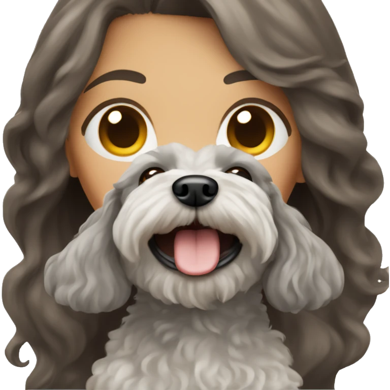 Brunette girl long straight hair, holding a gray maltipoo with a white snout emoji