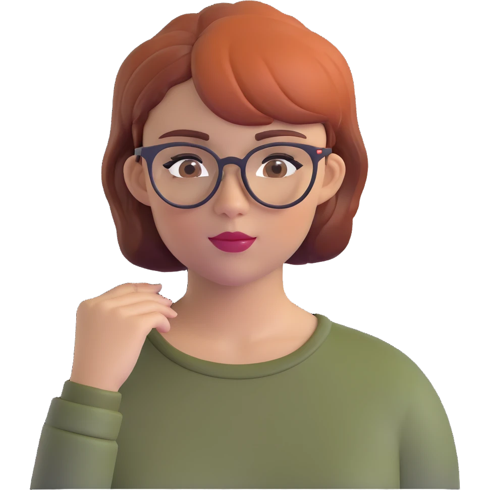 woman in her 20s with auburn pixie cut (side part) and glasses emoji