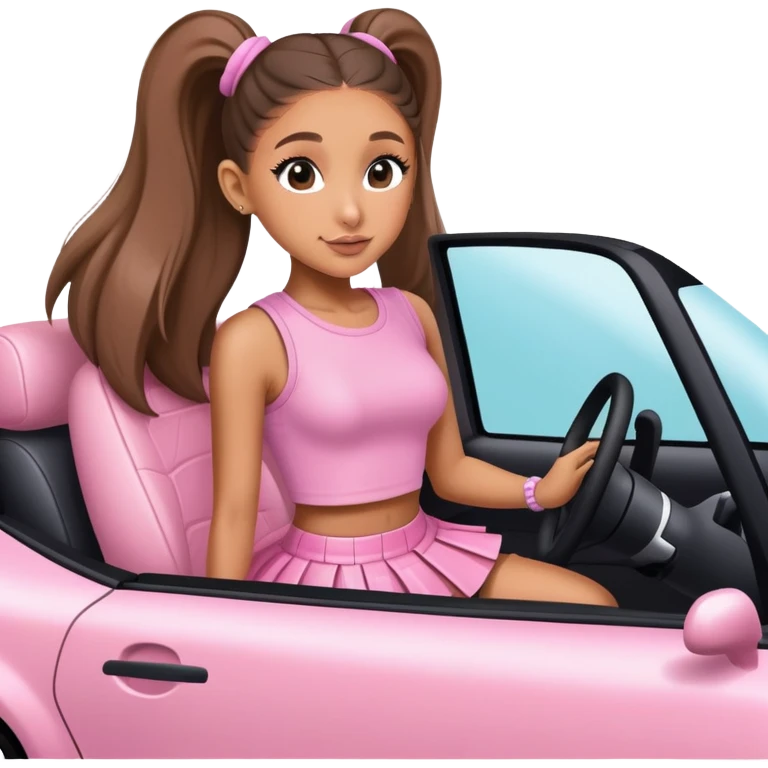 Ariana grande wearing a pink croc top and pink short skirt skirt driving to the wicked set emoji