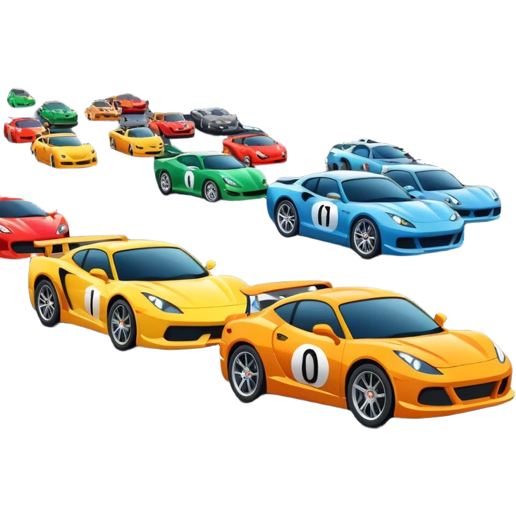 grandstands filled with cheering crowds, checkered flags waving, and traffic lights signaling the start, with a thrilling atmosphere of anticipation and speed. Sporty cars and motorcycles lined up at the starting line, ready to race, with a vibrant racetrack in the background. emoji