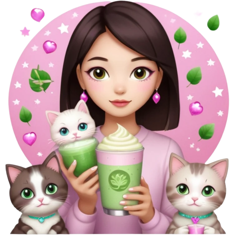 asian girl with shoart dark brown hair with a soft girl pink glowup aesthetic. matcha latte sparkles girly things, 2 ragdoll cats, skincare, makeup, money, luxury emoji