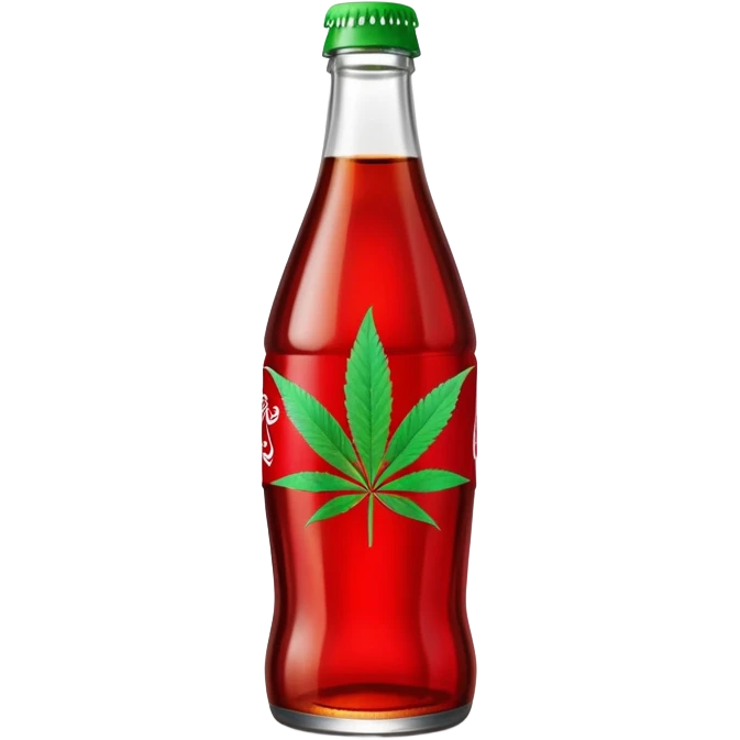 Curved Coca-Cola style glass bottle in red with a green cannabis leaf printed on it and labeled "red pop" emoji