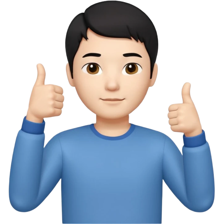 3D avatar of a Korean male frontend developer,
short black hair with clean 5:5 middle part,
no glasses,
one hand making thumbs up gesture,
calm and friendly expression,
minimal professional style emoji
