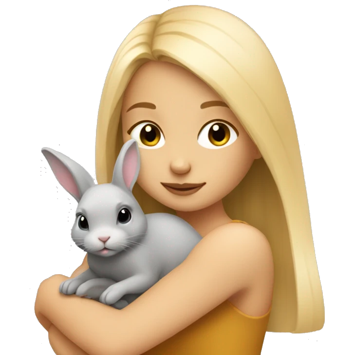 Blond straight hair girl cuddling a small honey grey rabbit emoji