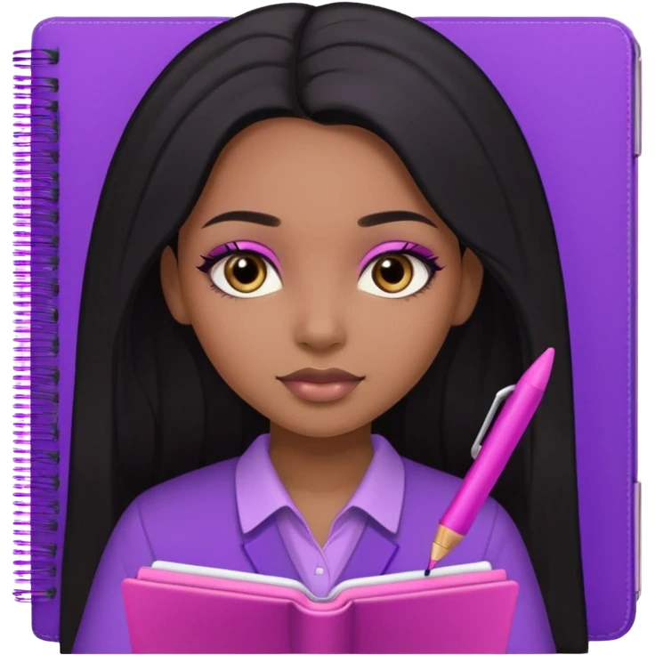 Une fille noir au cheveux lisse qui est entrain d’écrire avec un stylo rose sur un cahier violet cheveux long et lisse avec des jolis yeux et un beau makeup emoji