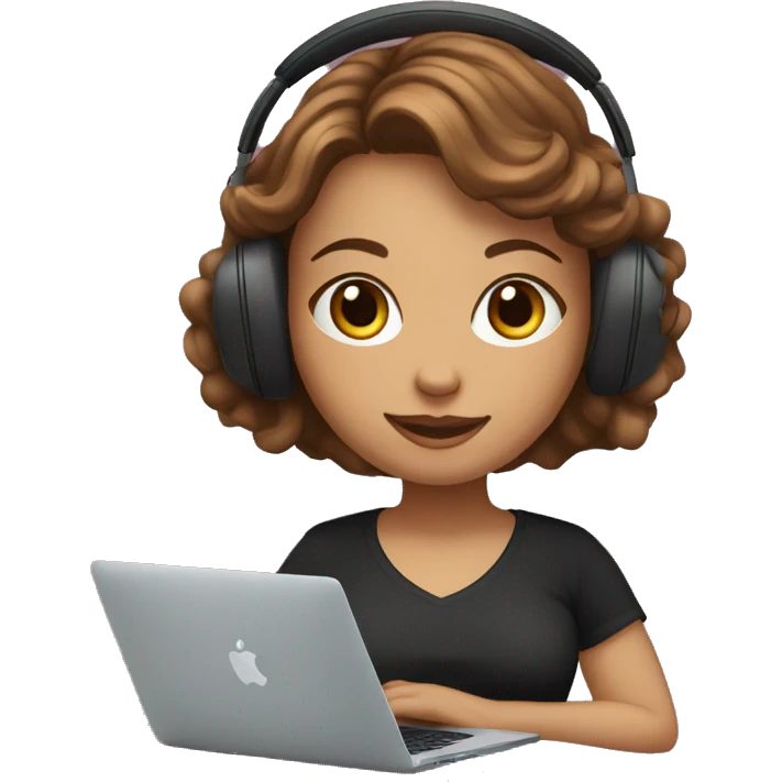 women with fair skin and brown wavy hair developing on a macbook with headset on, wearing a black t-shirt emoji