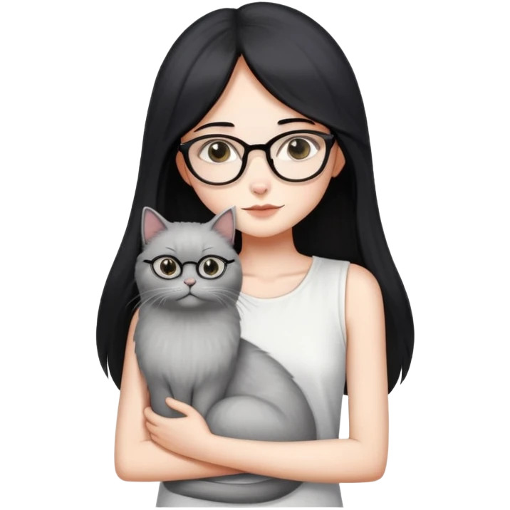 Skinny woman with oval glasses, long straight black hair, wearing white sleeveless top, hugging a grey Persian-Angora cat, plain background emoji