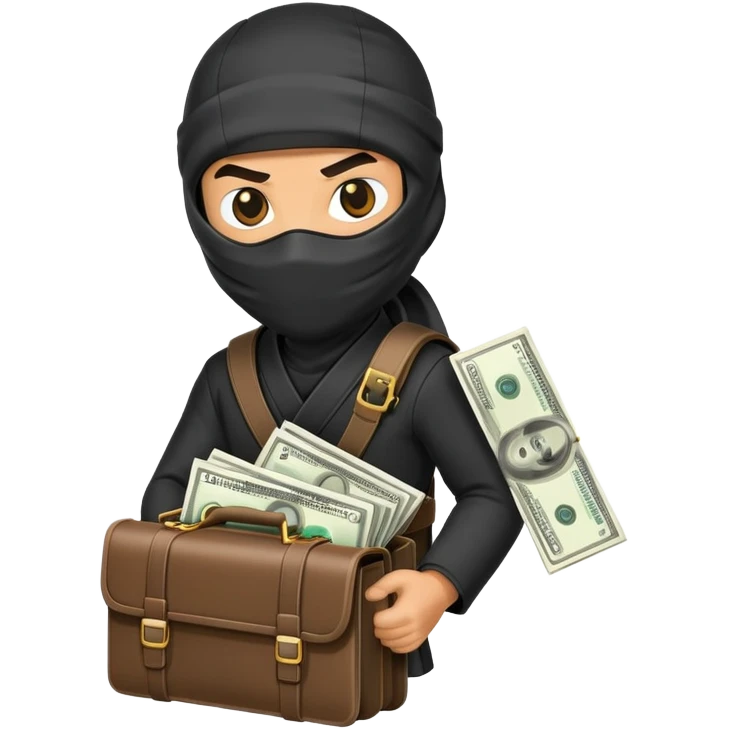 Stealthy ninja holding open money briefcase showing cash inside emoji