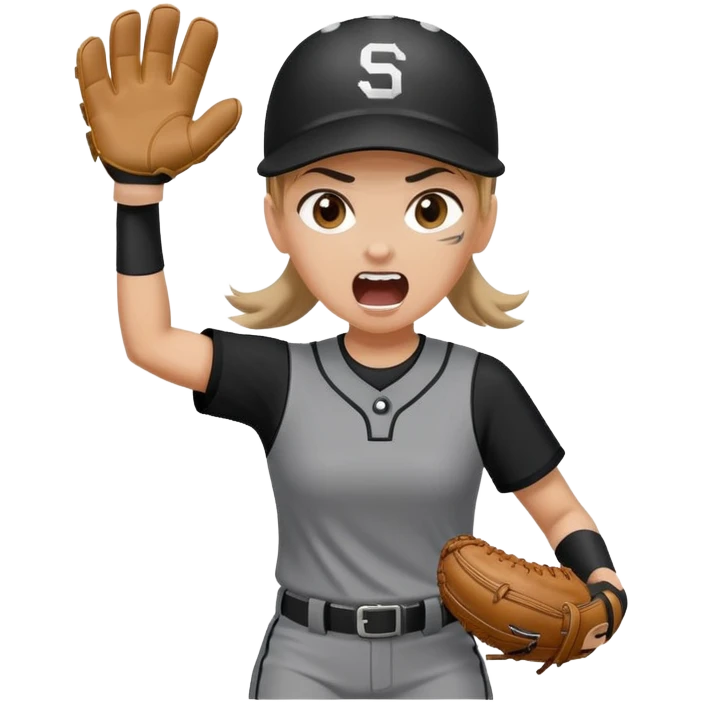 Girl softball player in grey and black uniform  with a ball glove on and a screaming face emoji