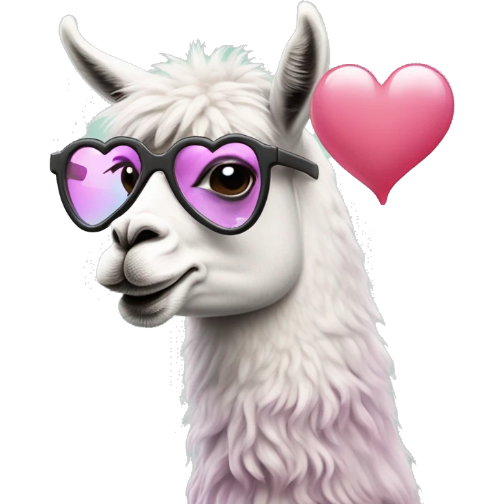 Cartoon llama wearing heart glasses blows a bubble of bubblegum emoji