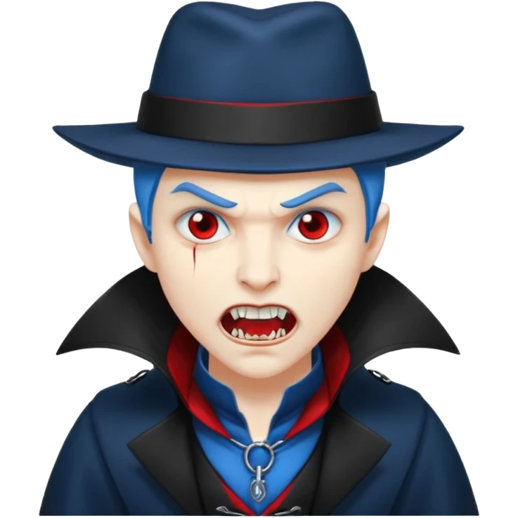 Vampire with blue hat,black coat with read collared ,teeth looks like vampire with aggression on face, full body. emoji
