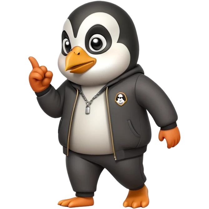 friendly anthropomorphised penguin wearing a mafia-style tracksuit, secretive scheming pose, soprano vibe, angry expression, walking quickly with a tense hurried stride, holding a knuckle duster emoji