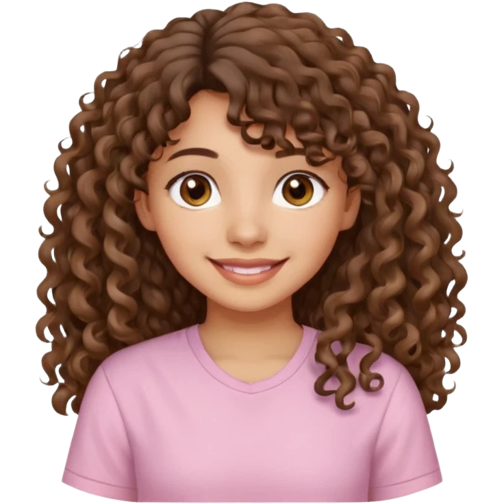 A Latina girl with brown eyes and long loose curly hair with curly bangs with a light pink shirt emoji
