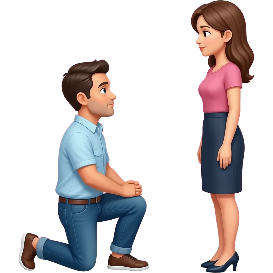 Man kneeling in front of a woman in front of a pink background emoji