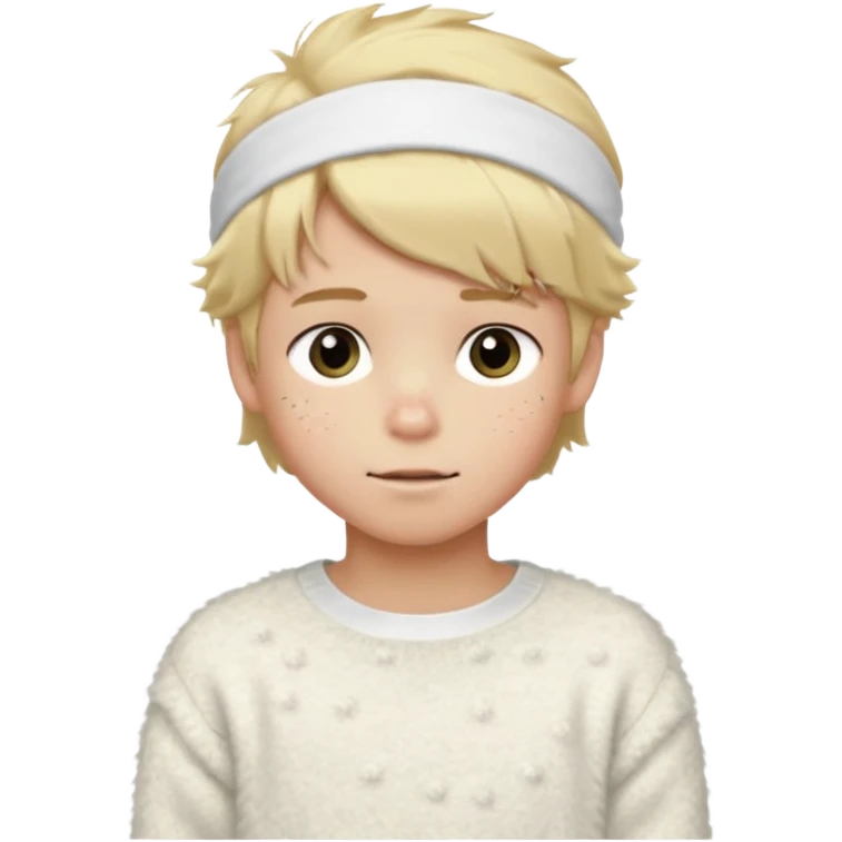 create-a-look-for-a-blond-boy-with-long-tousled-hair-light-eyes-a-white-sweat + fluffy white sweater + styled hair blonde with hair to the side cute + cute face with freckles  medium hair fluffy to the side no long hair cute hair blonded no messy medium height blue eyes cute + headband fluffy emoji