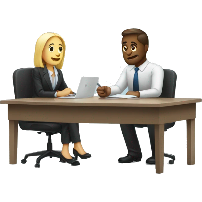 Job interview at desk, man and woman emoji