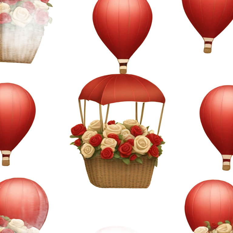 red hot air balloon and beige basket with roses emoji