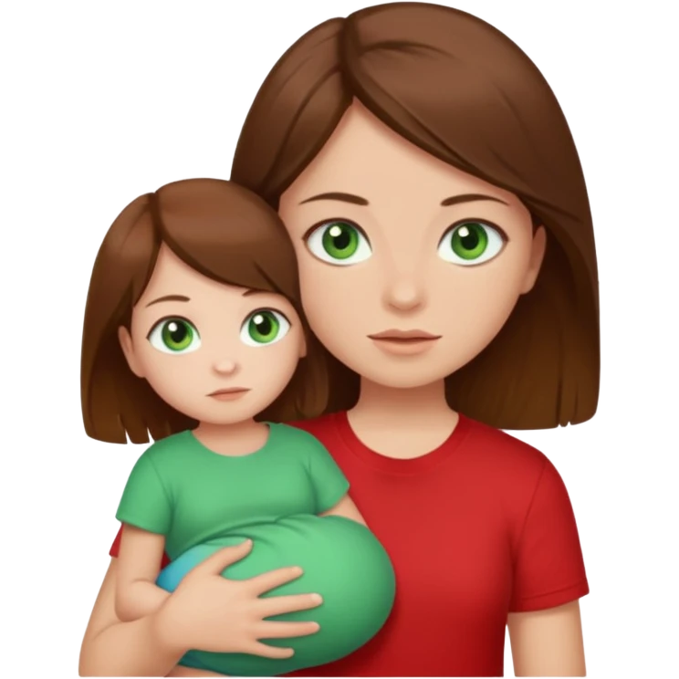a girl with brown strait hair and has baby green eyes has a red t-shirt no baby emoji