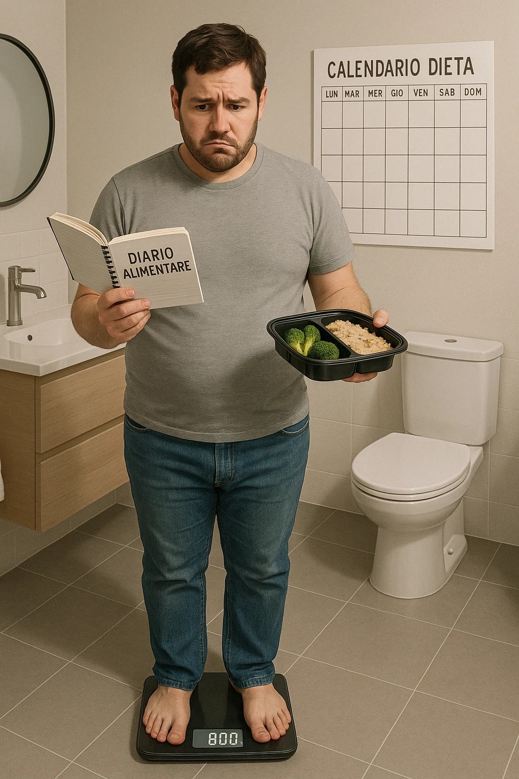 Uomo sulla trentina in piedi su una bilancia in bagno, con espressione delusa e confusa. In mano tiene un diario alimentare e un contenitore per i pasti già preparati, segno che sta seguendo una dieta. Dietro di lui un calendario con settimane segnate, ma senza cambiamenti. Il suo corpo appare identico a prima, senza progressi visibili. La bilancia digitale mostra lo stesso numero. Ambientazione pulita e moderna, toni neutri. Atmosfera di frustrazione e demotivazione, luce soffusa. scrivi tutti i testi in italiano emoji