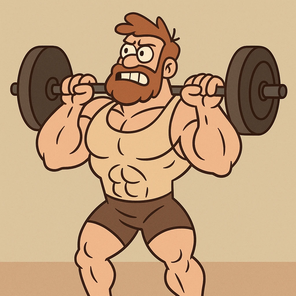 A muscular cartoon character lifting weights, western adult animation emoji