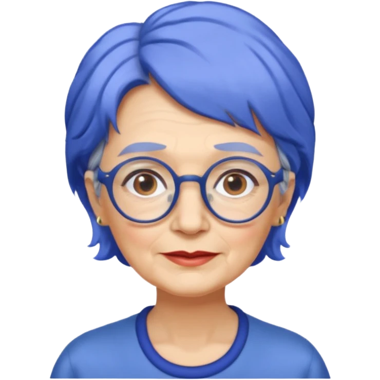 old lady with cobalt hair, wearing glasses, slight curl short hair, long face emoji