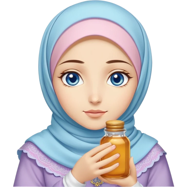 Turkish beautiful finish Konya girl blue eyes with honeycomb pastel hijab islamic dress and had on her hand honey emoji