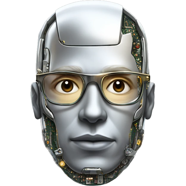 Male cyborg head with metallic skin, flat top, rectangular glasses and circuits emoji