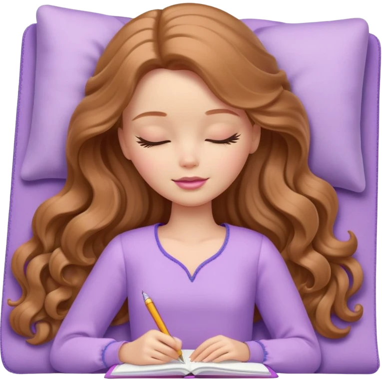 White Barbie girl Chestnut long wavy hair sleeping with In lavender clothes, he writes in a notebook emoji