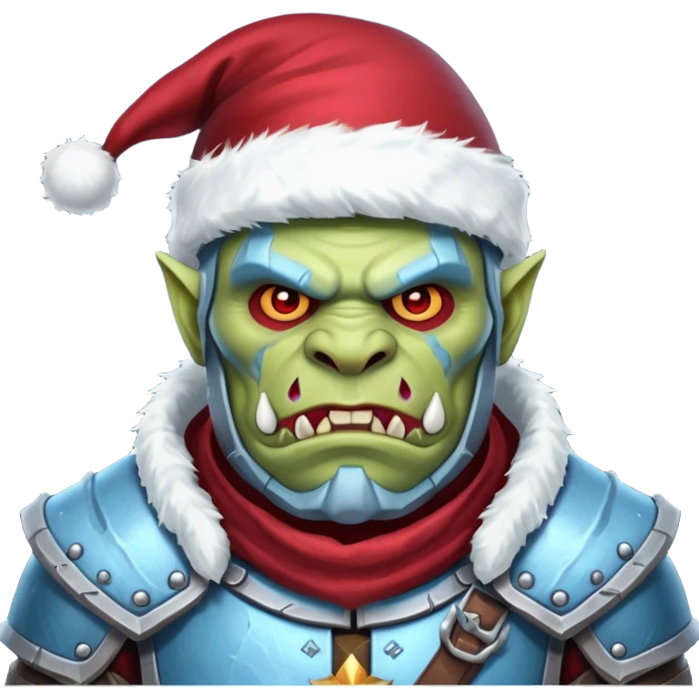 
Fantasy Christmas orc legion soldier icon, iron tundra army theme, heavy winter armor, disciplined brutal look, icy blue steel armor with deep crimson accents, frozen metal texture, cold winter atmosphere, male variant emoji