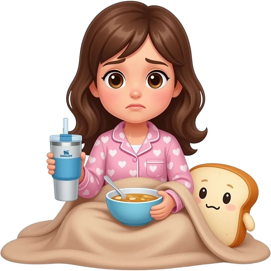 Light brown blanket and bread plushie sick day  with a  girl with brown hair and pink pajama and hearts and a Stanley  cup blue and a medicine and a chicken soup emoji